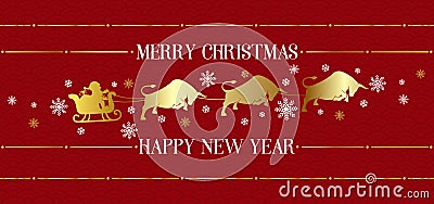 Golden silhouette of Santa Claus in a sleigh and harnessed bulls on a burgundy background. Concept for Christmas card Vector Illustration